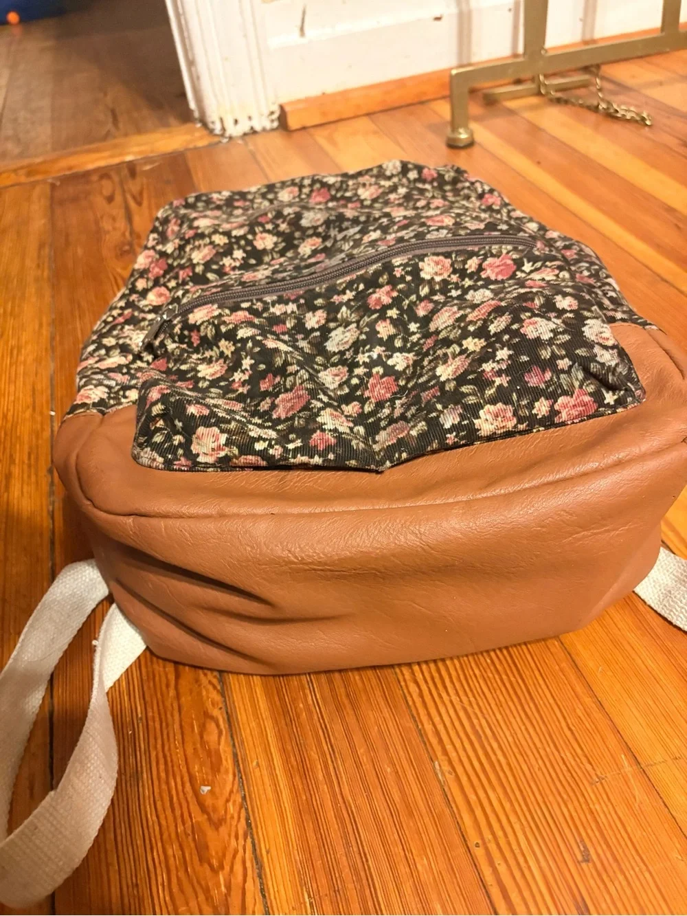 Floral Canvas and Tan Leather Backpack - Women